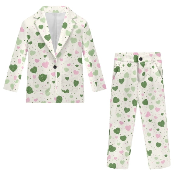Whosucclay Green Pink Heart Pattern, Two Pockets Polyester Cloth Formal Suit Set Durable Elastic Waist Boys Suit for Festive Gatherings Wedding School Party