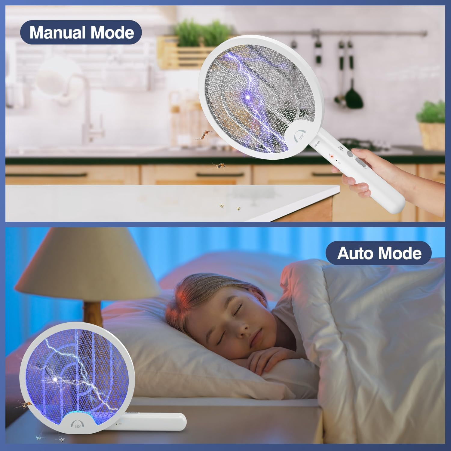 Electric Fly Swatter 4000V 2 in 1 Bug Zapper Racket Fly Killer Mosquitoes Trap Lamp Rechargeable with 1200mAh Battery for Indoor Home Office Backyard Patio Camping (1 Pack)-White