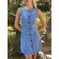 thumbnail image 6 of Navy Blue Gingham Sleeveless Button-Front A-Line Casual Mini Dress For Women, 6 of 6