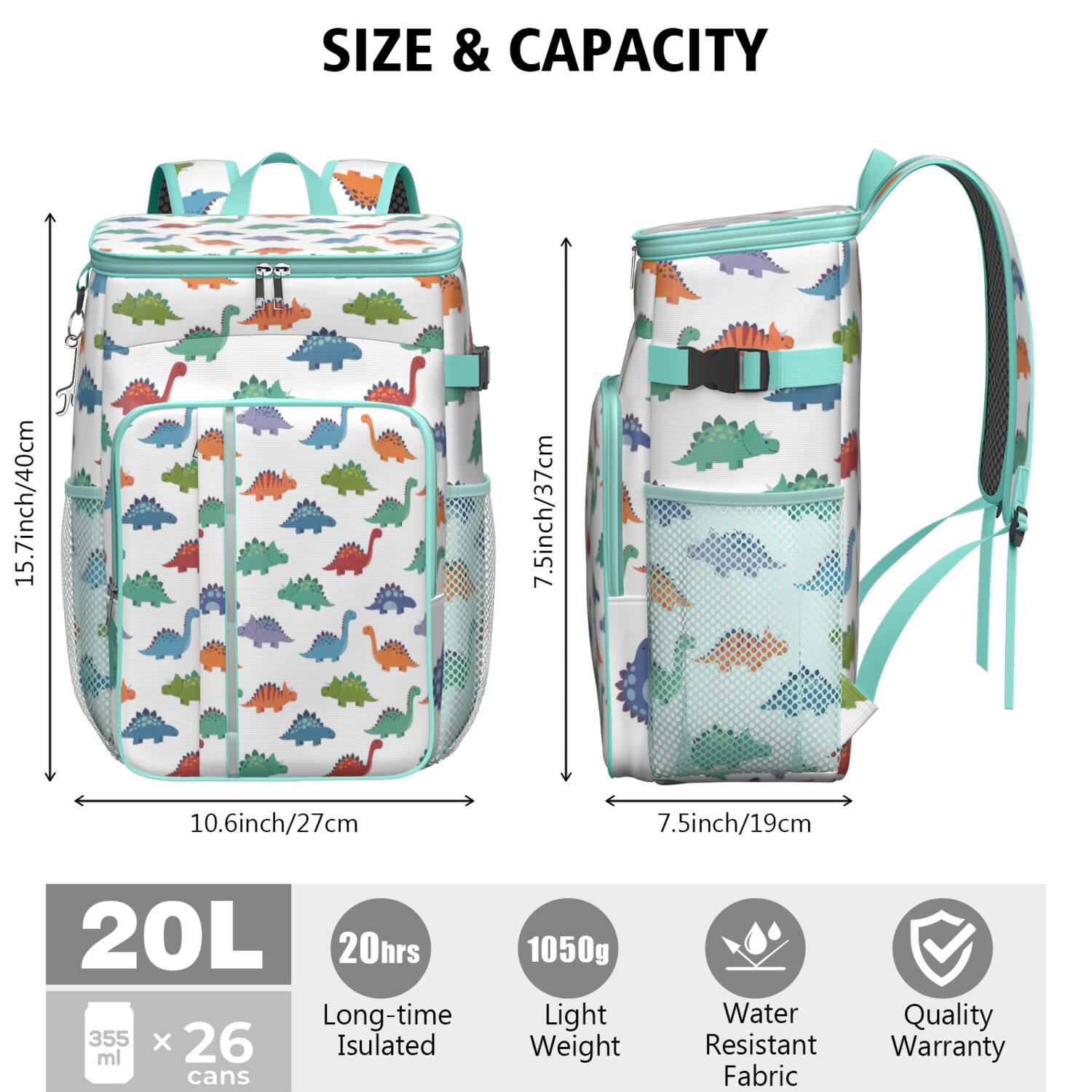 Travel Cooler Bag - White Dinosaurs Colorful Species Pattern Camping Beer Cooler Backpack with Bottle Opener- Waterproof Insulated Picnic Backpacks - Cooler Bag for Beach