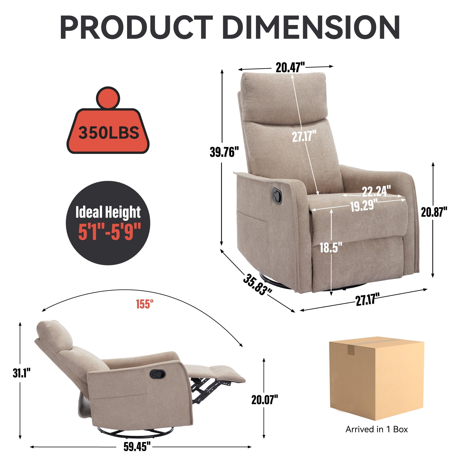 Holaki Manual Swivel Rocker Recliner Chair, 360° Swivel Recliner with Massage and Heat, Chenille Rocker Recliner Nursery Glider Chair with Side Pockets, Lumbar Support for Living Room, Khaki