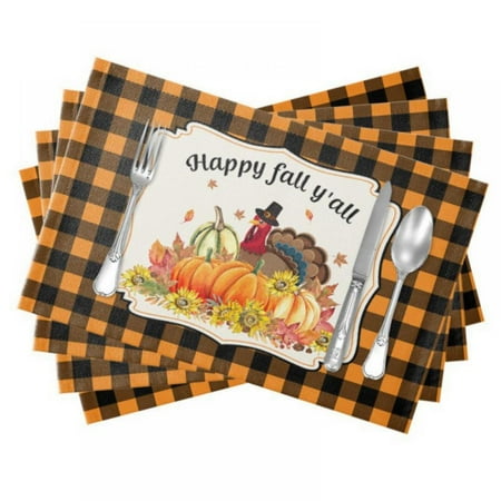 

Thanksgiving Table Runners With Placemats Set Of 4 - Happy Thanksgiving Turkey Fall Harvest Pumpkin Maple Leaf 13X18.9 Inch Cotton Linen Placemats For Dining Table