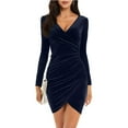 thumbnail image 1 of Vestido de fiesta de cóctel ajustado de terciopelo con escote en V y mangas largas para mujer, 1 of 7