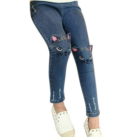 Rocawear Embroidered Jeans Girl Embroidered Kitten Cute Pattern Cat / Bunny Jeans Fashion Trousers Cat ear jeans 100 ()