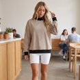thumbnail image 4 of Striped Mock Neck Sweatshirt For Women Oversized Pullover Tops 2026 Long Sleeve Sweatshirts Soft Ribbed Trim Knit Material Casual Fall Winter Fashion Clothes Vacation, 4 of 5