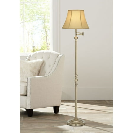 Brass Reading Lamp Regency Hill Traditional Floor Lamp Swing Arm Antique Brass Off White Bell Shade for Living Room Reading Bedroom Office ()