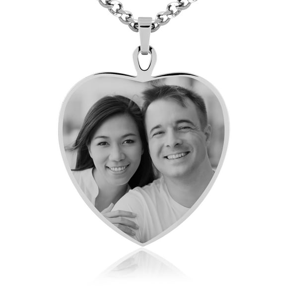 Photos Engraved - Custom Photo Engraved Large Heart Pendant in Stainless Steel - Free reverse side engraving - 18 in chain included - W-LHST