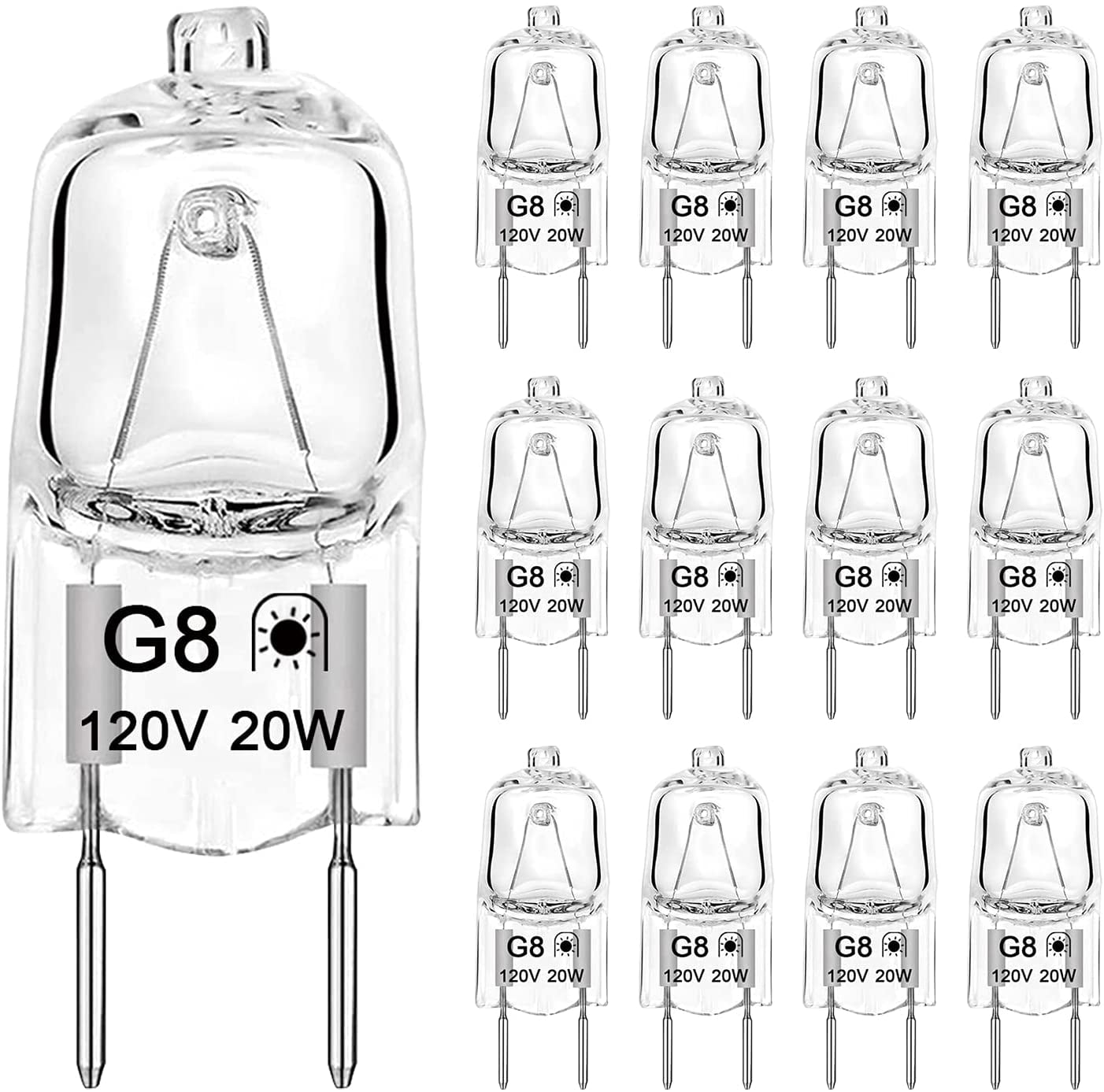 G8 Halogen Light Bulbs 20Watt 120Volt Halogen Light Bulb G8 Base Bi-Pin Shorter 1-3/8 Length 20W T4 JCD Warm White Under Cabinet Puck Lighting Replacements,12Pack 1.38 