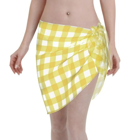 Qekee Yellow Checkboard Women s Short Sarongs Cover Ups Sheer Bikini Wraps for Swimwear