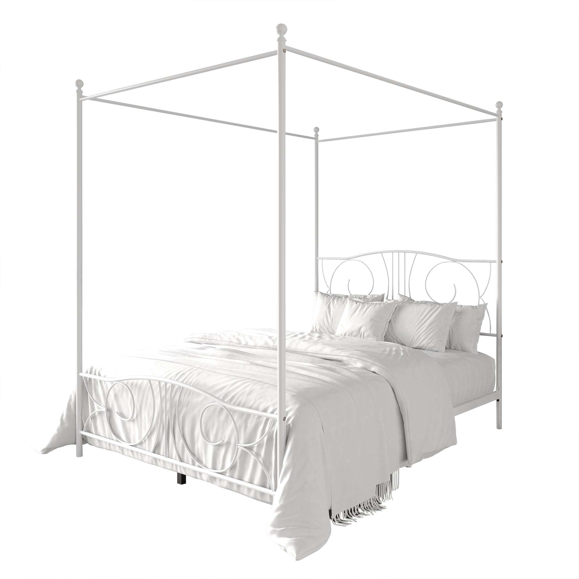 Castle Place Ornate Ironwork Full Metal Platform Canopy Bed, White