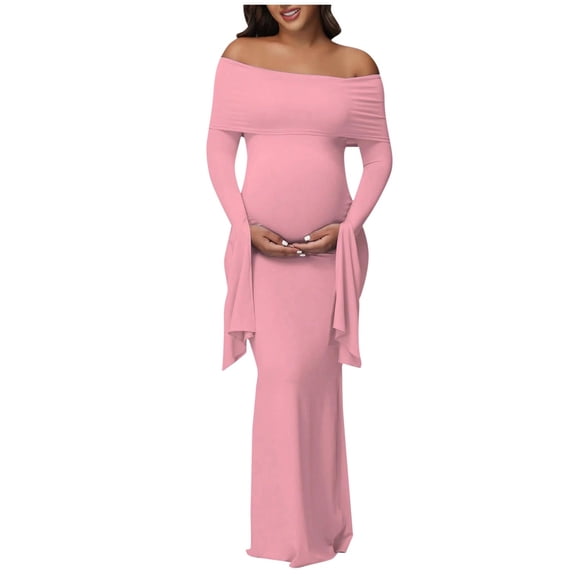 HBGVBA Women's Maternity Dress,Long Sleeve Maxi Dress,1 Shoulder Flare Sleeve Bodycon Split Formal Evening Gown for Women