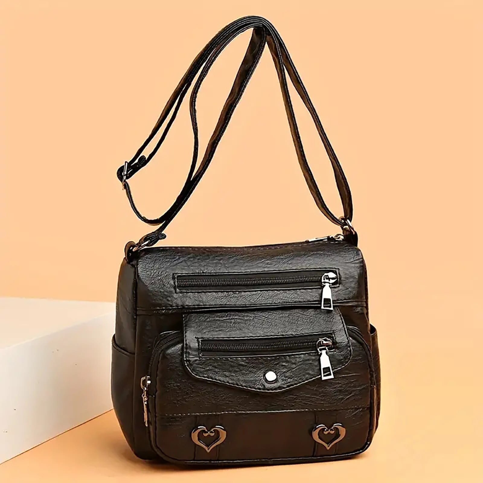 Crossbody Bags for Women Pocketbooks Soft PU Leather Purses and Handbags Multi Pocket Vintage Shoulder Bag with Heart Decor Black