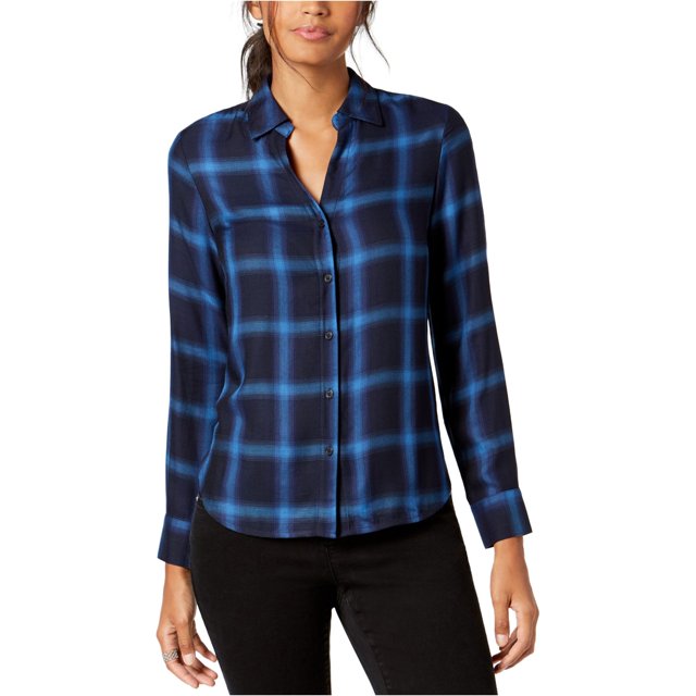 INC Camisa con botones a cuadros para mujer, azul, pequeña