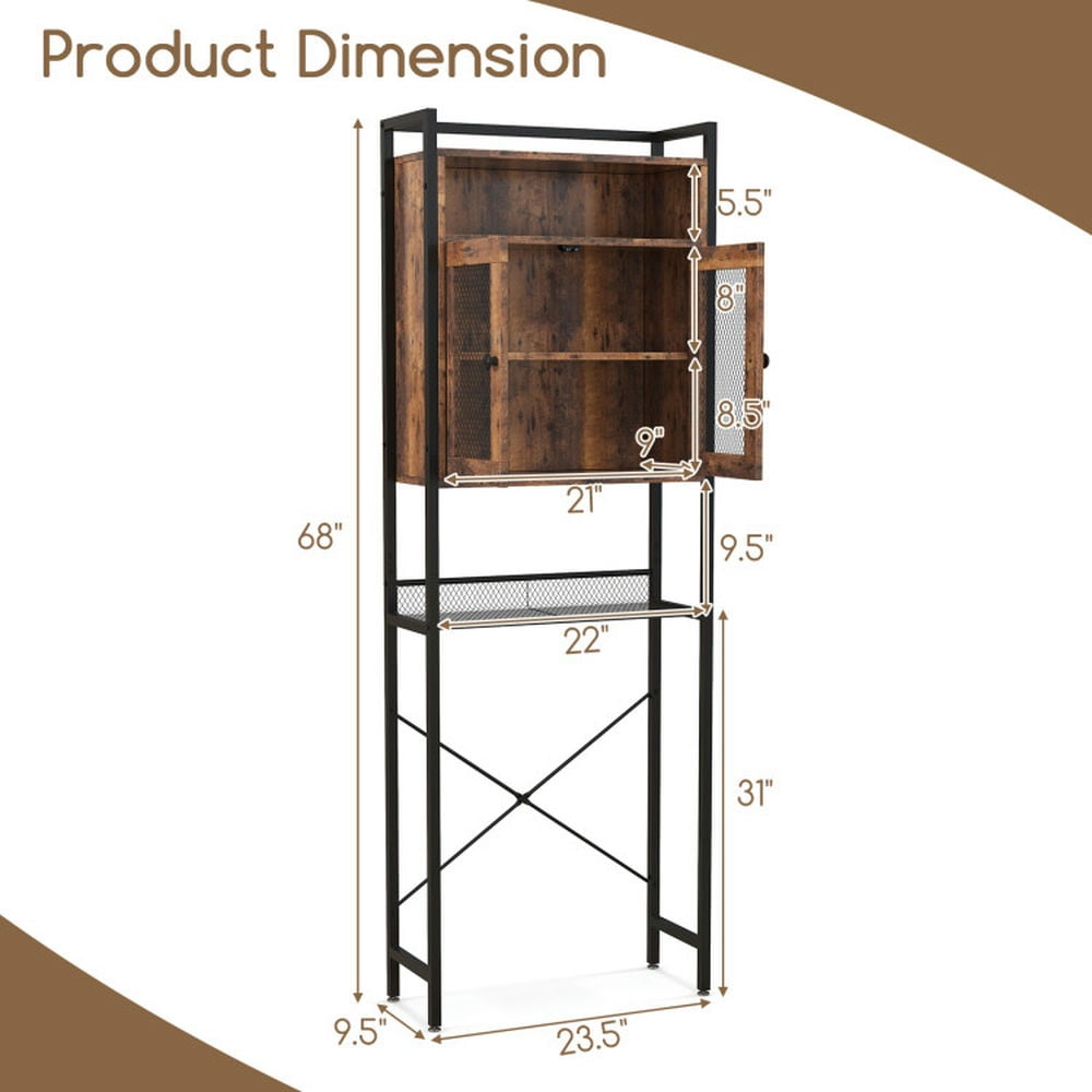 Finihen Toilet Storage Cabinet, Bathroom Cabinet Organizer, Over-The-Toilet Storage Cabinet with Heavy-Duty Metal Frame 2-door Freestanding, for Bathroom, Rustic Brown