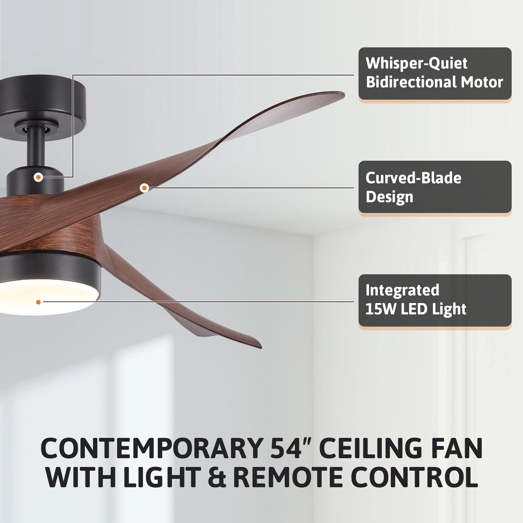 Bestco 54'' Modern Walnut Reversible Integrated LED Ceiling Fan with Light Kit