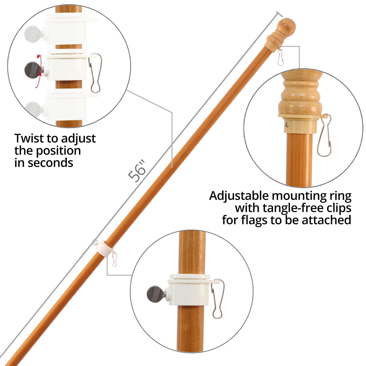 Anley 56" Solid Pine Wooden House Flagpole - Fit Standard 3x5 Ft Flag - Wood Flag Pole with Tangle Free Adjustable Rotating Ring - Wall Mount Wood Flag Pole for Garden, Yard, Porch and Estate