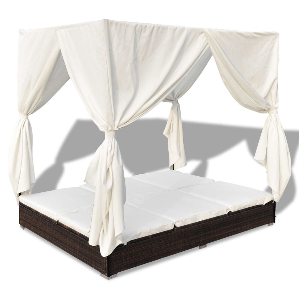 Kepooman Lounge Bed with Curtains and Washable Cushions for Garden Patio, Brown Kepooman Lounge Bed with Curtains and Washable Cushions for Garden Patio, Brown