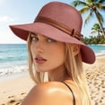 thumbnail image 2 of Women's Straw Panama Hat, UPF 50+ Wide Brim Foldable Summer Sun Hat, Lightweight Breathable Beach Travel Cap with Denim Rope for Wedding Party Daily Wear Pink, 2 of 5