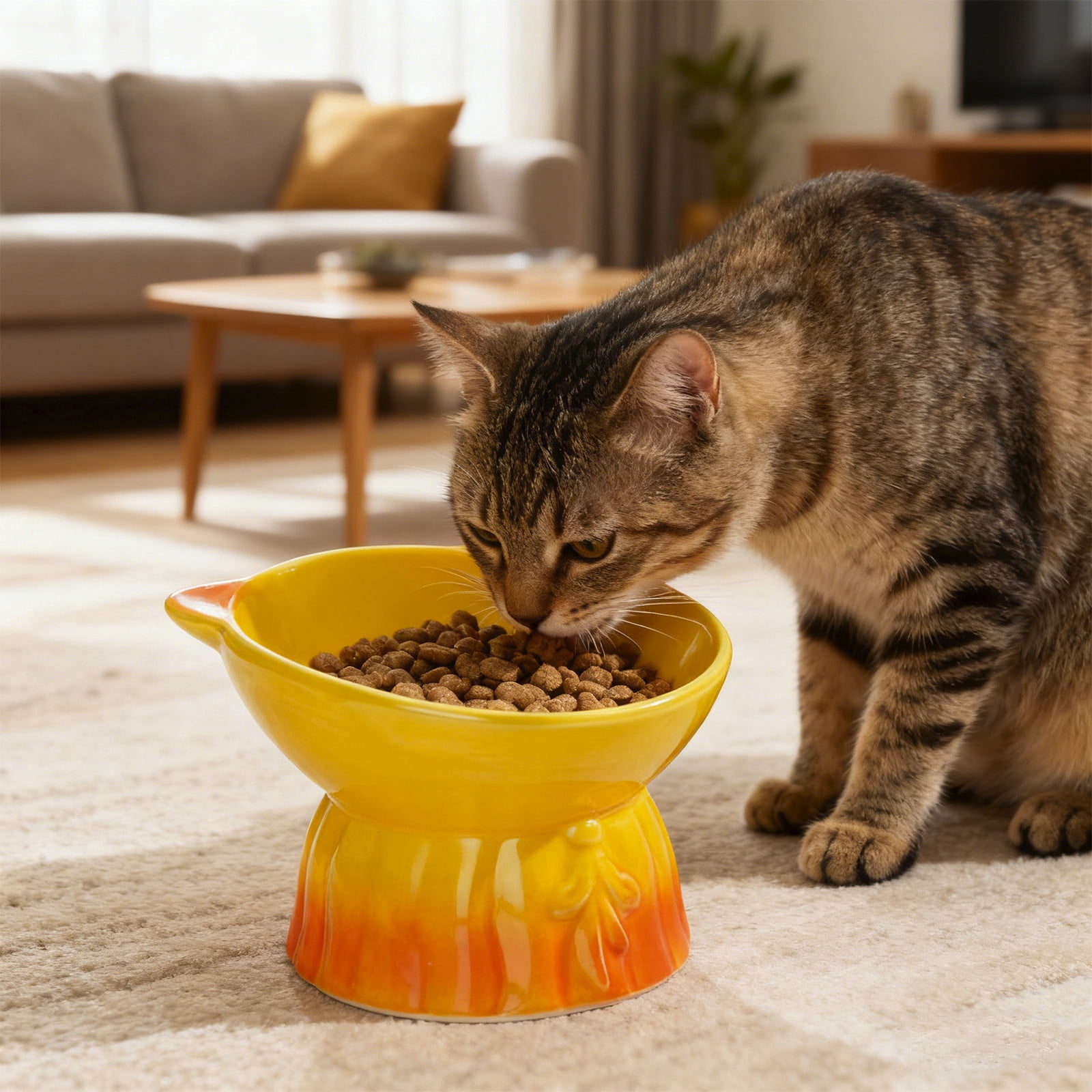 Elevated Ceramic Cat Food Water Bowl, Large Capacity Whisker-Friendly Raised Pet Bowl with Neck Protection, Non-Tip Shallow Wide Feeding Dish for Cats (1pc)