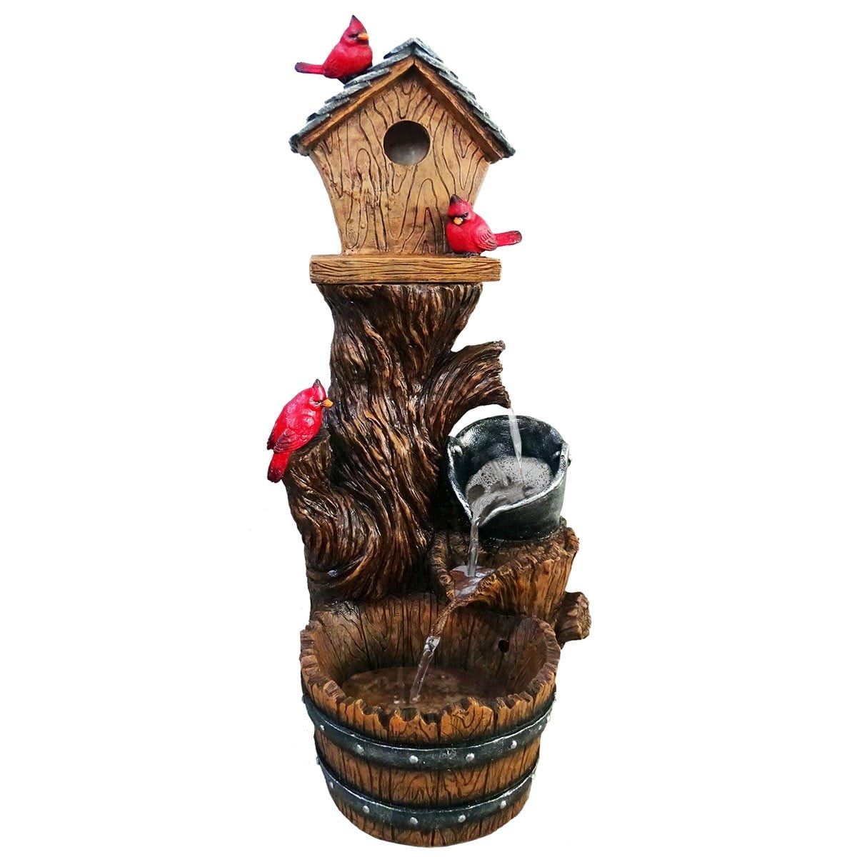 Alpine Corporation 32-Inch Cardinal Birdhouse Cascading Barrel Fountain