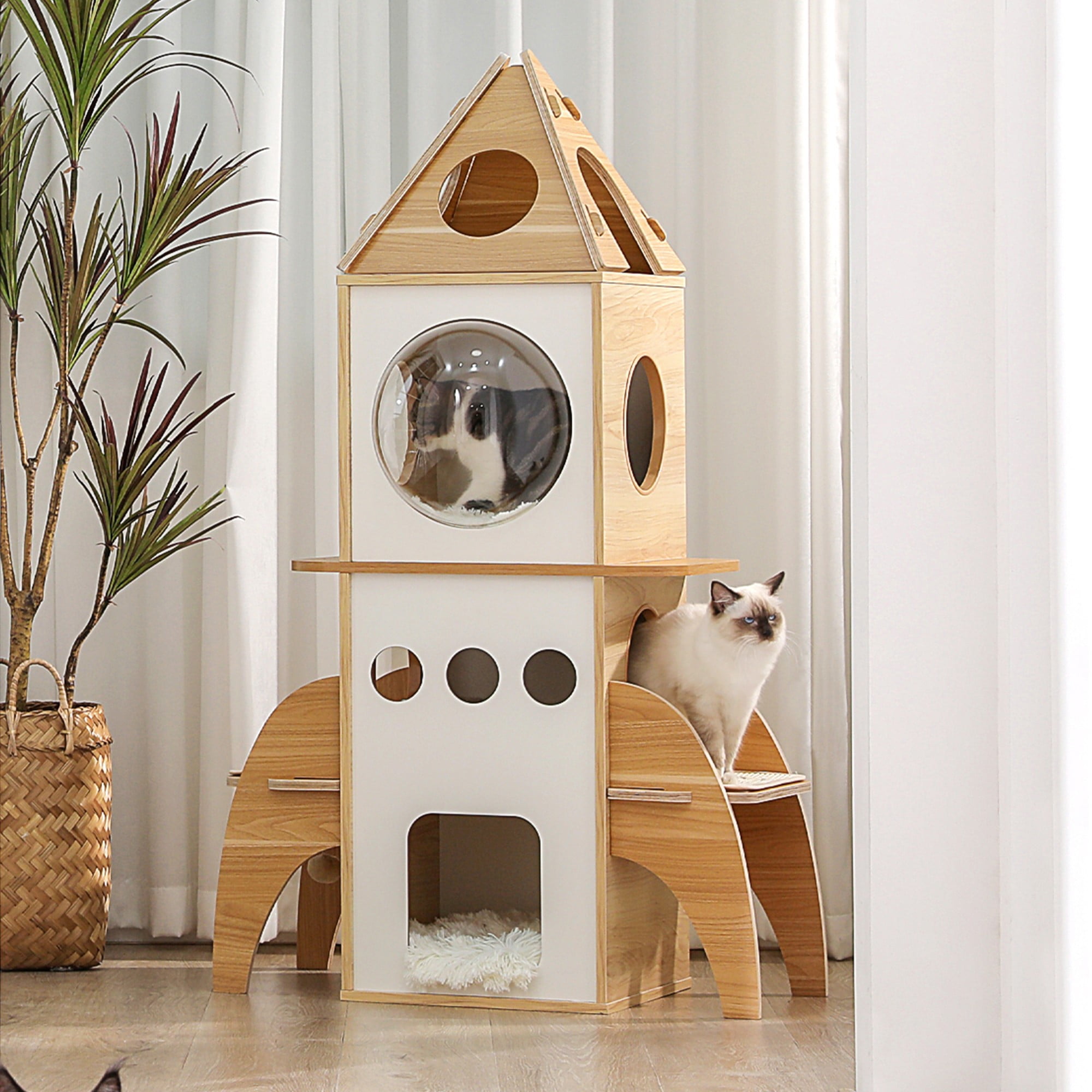 Kadyn 54" Multi-Level Cat Tower for Indoor, Cat Tree Rocket Shape Condo for Multiple Cats with 3 Condos, Dangling Balls, Attic Perch, Beige