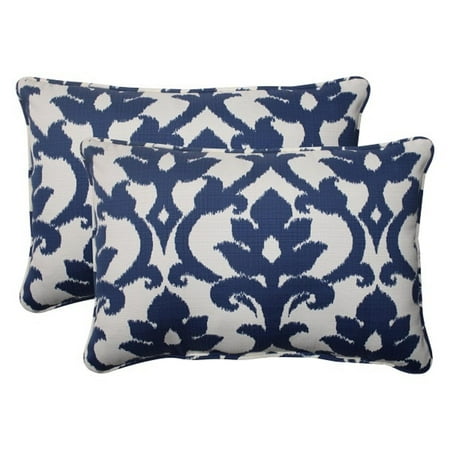 Set of 2 Navy Floral Victorian Outdoor Corded Rectangular Throw Pillows 24.5