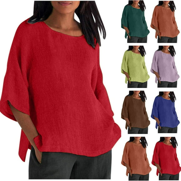 Sijiajgjfu Plus Size Cotton Linen Tops for Women 3/4 Sleeve Casual Crew Neck Tunic Shirts Lightweight Boho Solid Color Loose Blouse Summer Clearance Brown S