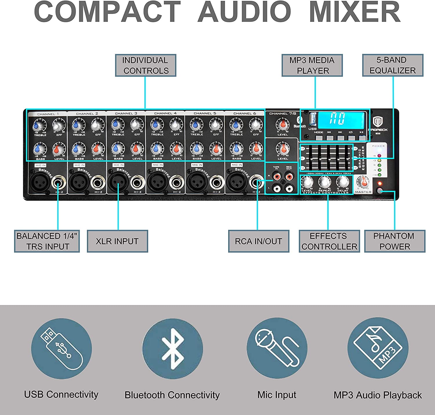 PRORECK MX8 2500 P.M.P.O 8 Channel Compact Studio Powered Mixer with Built In Effects & USB Audio Interface for Party/Meeting/Wedding