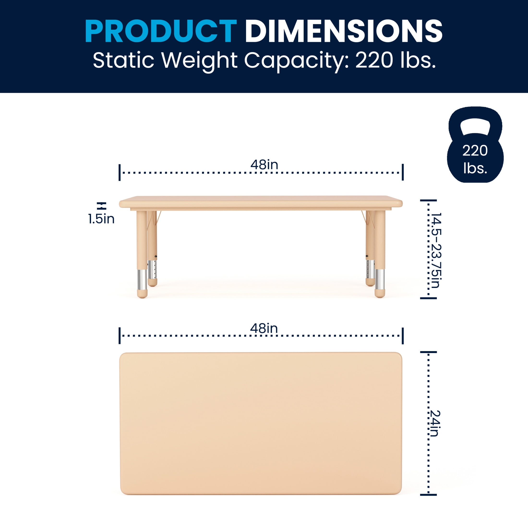 Flash Furniture Emmy 24"W x 48"L Rectangular Natural Plastic Height Adjustable Activity Table Set with 6 Chairs