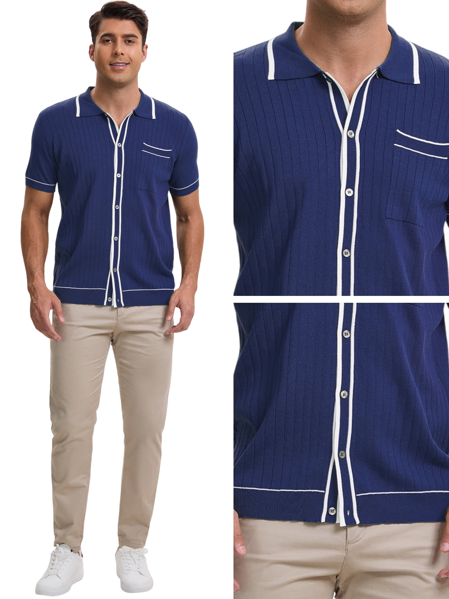 DARING DIVA Men's Knit Button Down Casual Vintage Short Sleeve Polo Shirt XL Dark Blue
