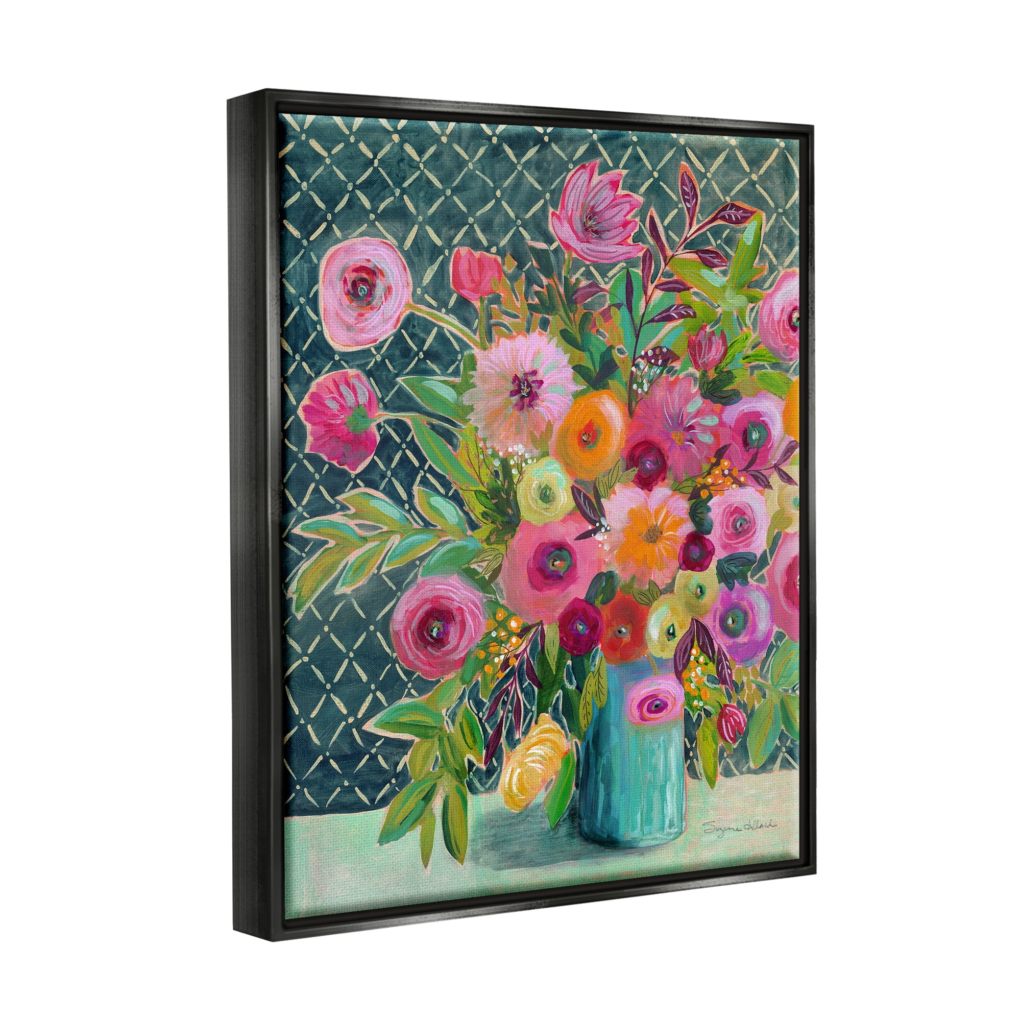 Stupell Industries Patterned Modern Flower Bouquet Botanical & Floral Painting Black Floater Framed Art Print Wall Art