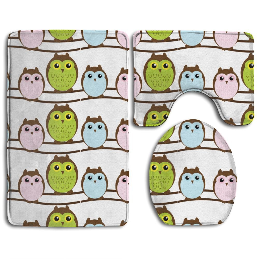 Children Cartoon Owl Shower Curtain Toilet Cover Rug Mat Contour Rug Set 