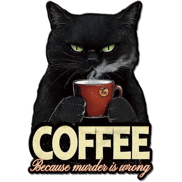Letrero de hojalata de gato negro, letreros de hojalata vintage de gato negro y café, póster retro divertido de metal con gato negro, letrero de hojalata vintage divertido