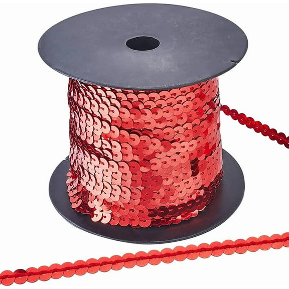 100 Yards 6MM Red Sequin Trim Sequins Beaded Strip Ribbon Trim Flat Spangle Metallic Glitter Paillette String with Spool for Sewing Making Crafts Dress Cloth Embellish Supply