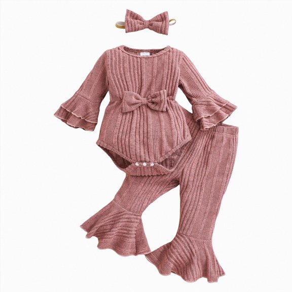 TOWED22 Baby Girl Clothes Newborn Fall Outfits Ruffle Knitted Long Seeve Romper Top & Flare Pants Sets,6-9 M