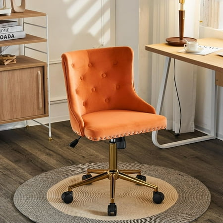 

Rustic Microfiber Armless Office Desk Chair with Gold Base/Wheels Small Cute Vanity/Makeup Chair with Back for Bedroom Upholstered Adjustable Rolling Swivel Nail Chair for Women/Girls