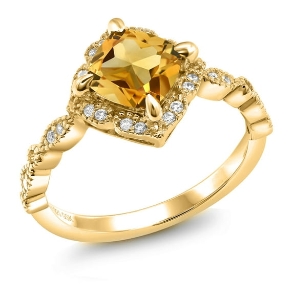 Gem Stone King 18K Yellow Gold Plated Silver Ring Cushion Citrine and Moissanite (1.60 Cttw) (Size 9)