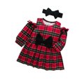 thumbnail image 6 of Seyurigaoka 2Pcs Baby Girl’s Plaid Off-shoulder Long Sleeve A-line Short Dress and Headband, 6 of 9