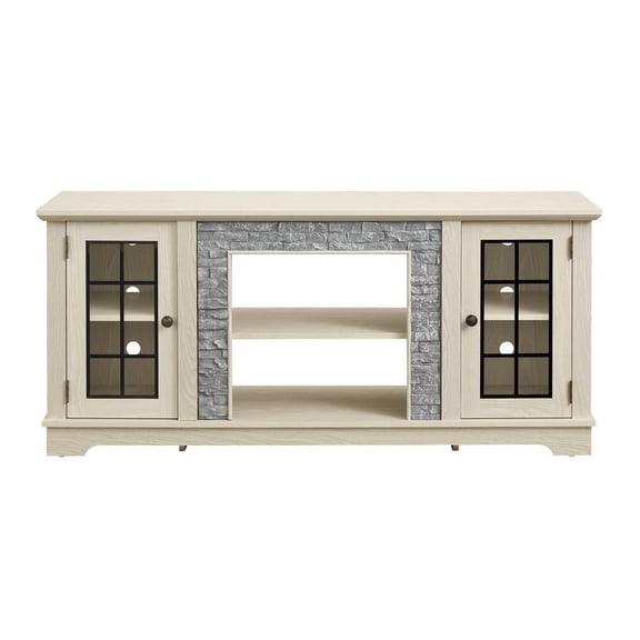 GVN 58" TV Stand with 2-Door Storage, Faux Stone Media Entertainment Center for Living Room, Home Office, White