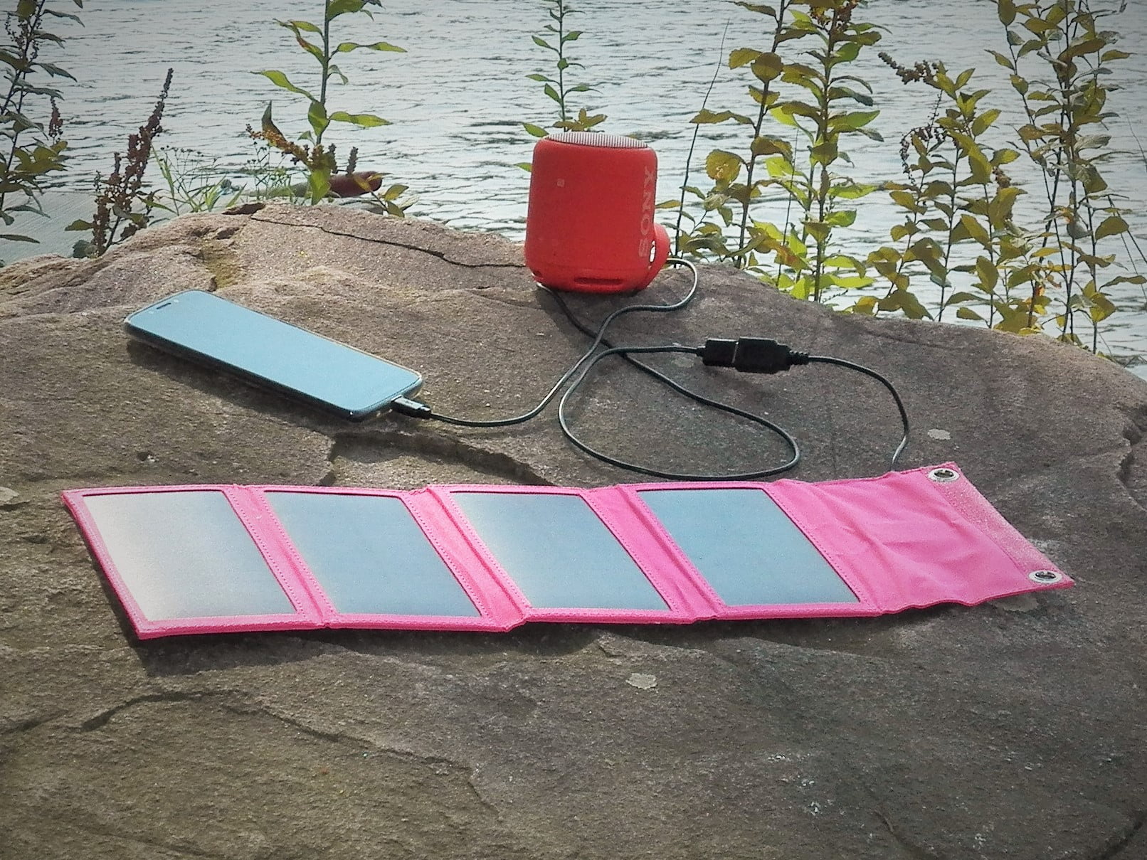 Helios Mini Folding Solar Charger with Power Bank, Pink