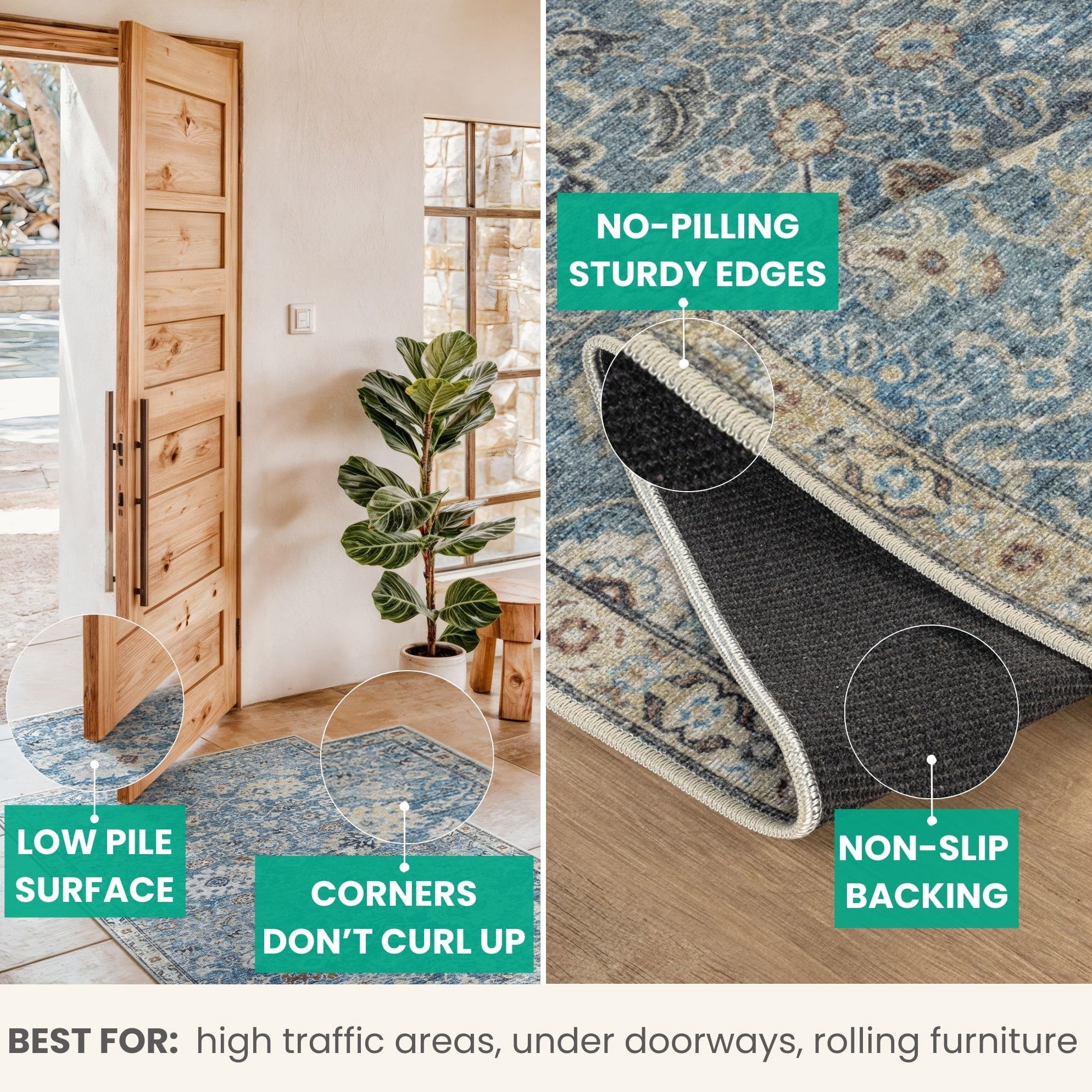 Bloom Rugs Washable Non-Slip 2x3 Rug - Blue / Beige Traditional Oriental Area Rug for Living Room, Bedroom, Dining Room, and Kitchen - Exact size: 2' x 3'
