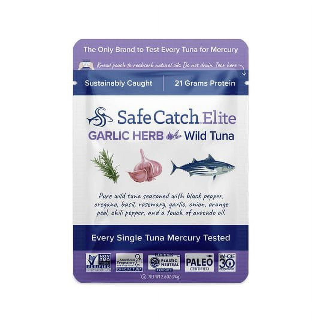Safe Catch Seasoned Elite, Lowest Mercury Solid Garlic Herb Wild Tuna Steak, 2.6 oz Pouch (Pack of 12)