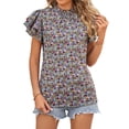 thumbnail image 4 of Nlife Women Floral Print Mock Neck Ruffle Short Sleeve Back Keyhole Chiffon Blouse, 4 of 7