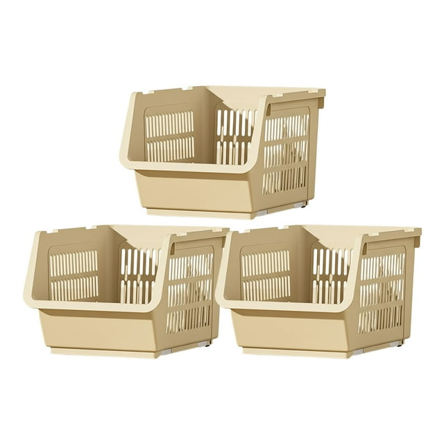 Khaki Three-Piece Abs Kitchen Storage Baskets With Stackable Design And Built-In Wheels For Easy Mobility In Various Colors 34X24X57Cm
