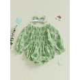 thumbnail image 5 of St Patricks Day Baby Girl Outfit Clover Print Smocked Bubble Romper Jumpsuits with Headband 0 3 6 12 18 Months Cotton Spring Clothes, 5 of 8