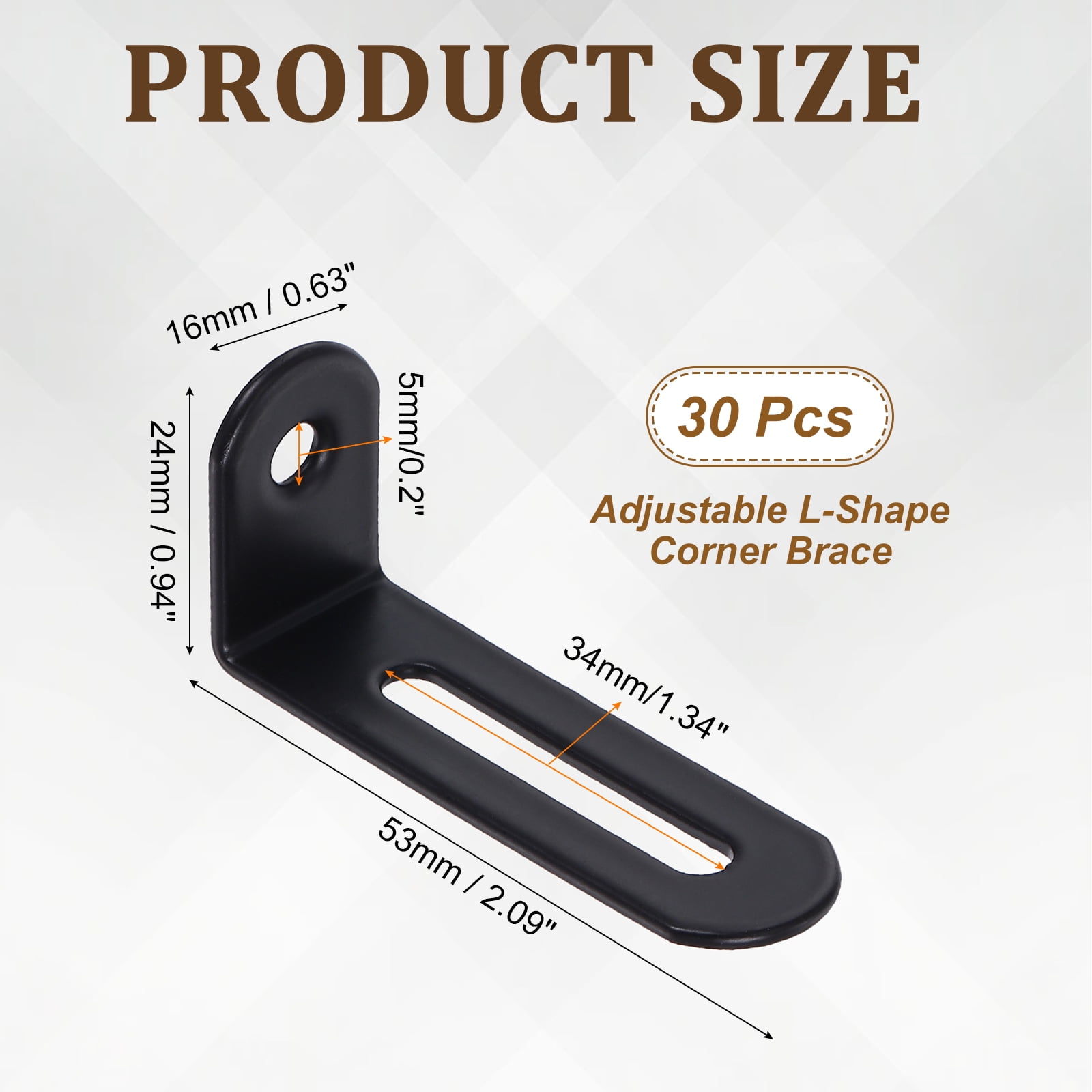Uxcell 30 Pack Adjustable L-Shape Corner Brace, 0.9" x 2.1" x 0.6" Metal Slotted 90 Degree Right Angle Corner Shelf Bracket Support Brace, Black