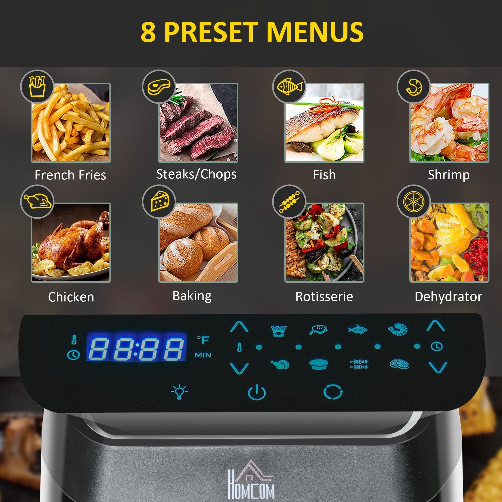 HOMCOM 10 Quart Air Fryer Oven with 8 Preset Cooking Menus Airfryer Baker  Oven with 9 Tool Accessories Non Stick Coating for Baking Oven Frying and  Baking Black/Silver