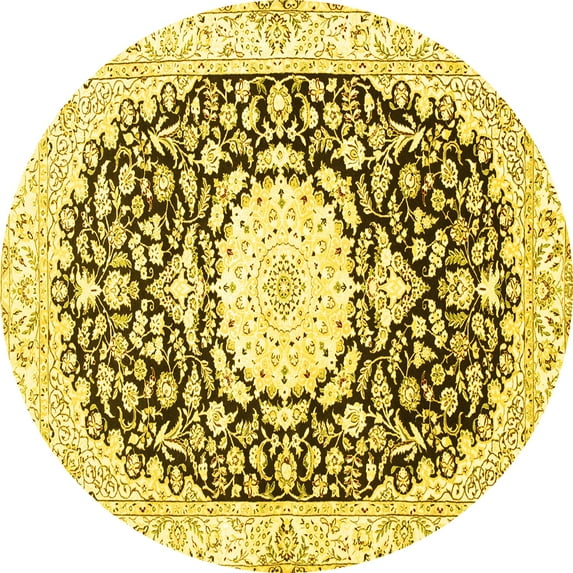 Ahgly Company Machine Washable Indoor Round Medallion Yellow Traditional Area Rugs, 8' Round