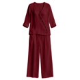 thumbnail image 3 of IWRICH Linen Sets for Women 2 Piece V-Neck 3/4 Sleeve Button down Top Wide Leg Pants Casual Summer Outfits Travel Wine S, 3 of 3