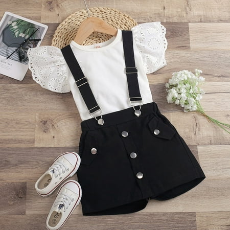 

Toddler Kid Little Girls Summer Outfits Ruffle Sleeveless T Shirts Tops Suspender Shorts Skirt Overall Casual Clothes Set